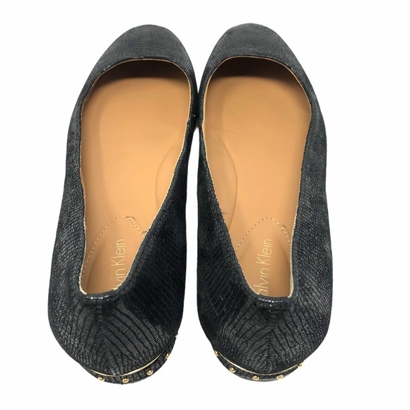 Calvin Klein Fridelle Black Embossed Flats Women’s Size 6 Gold Studded Heel Logo - Picture 7 of 10